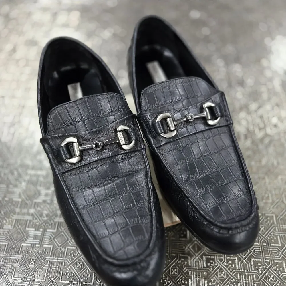 🐢 Steve Madden P-Donnel Black Croc Embossed Men's Leather Loafer - Size 10.5